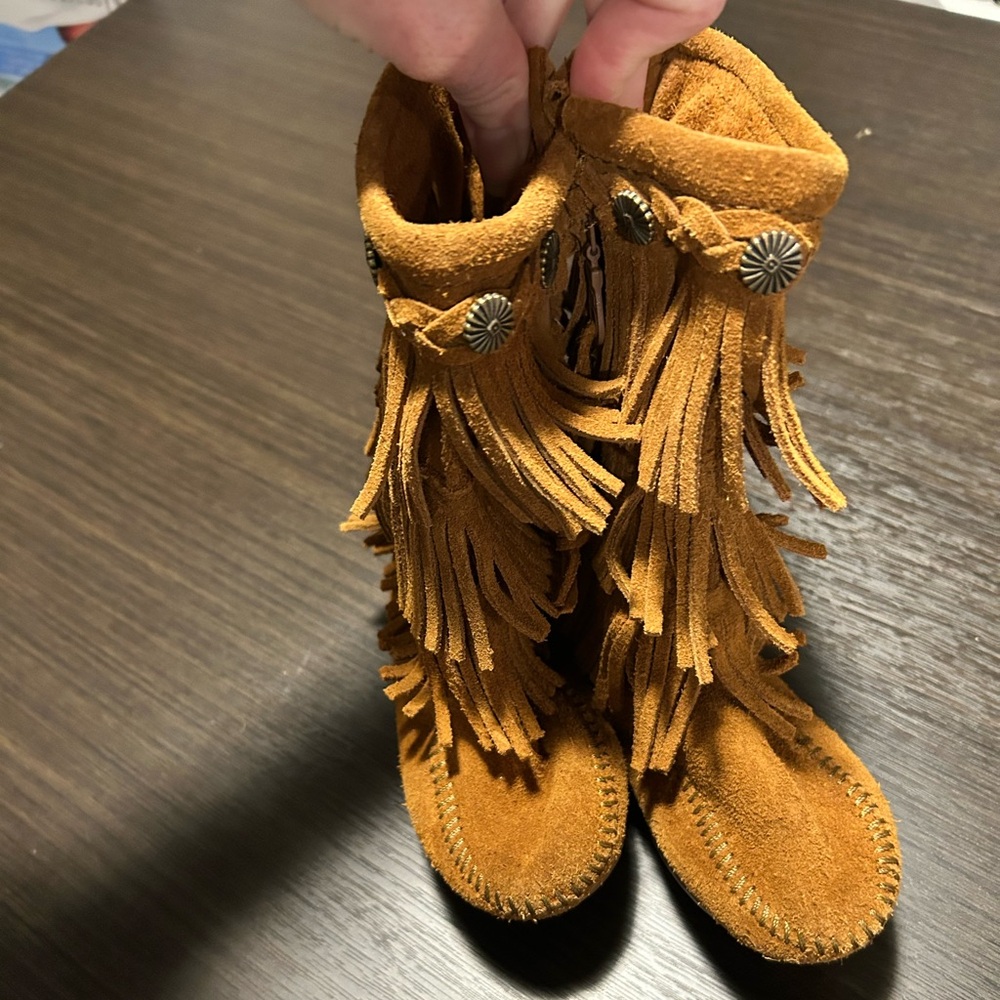 Fringed Suede Boots with Button Detail